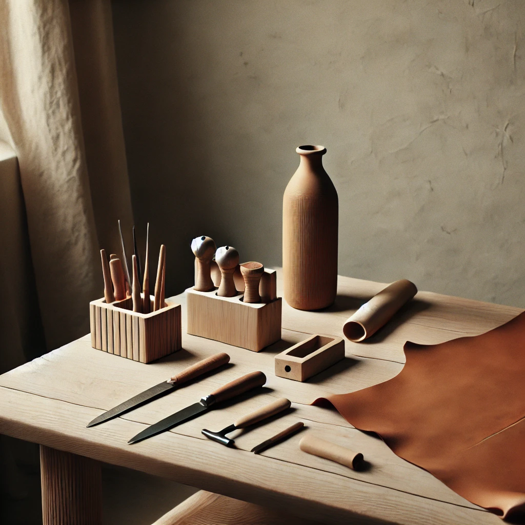 DALLE 2025-01-21 224136 - A minimalist and calm leather workshop featuring a wooden table with simple leather crafting tools and an unfinished leather hide in the background | WR Leather Craft