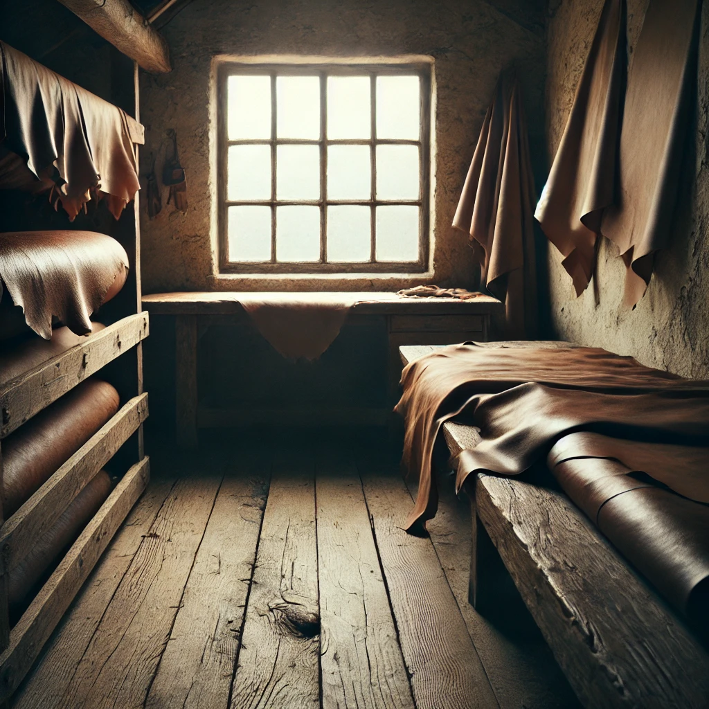 DALLE 2025-01-21 224142 - A simple serene leather tanning environment with natural light focusing on a quiet rustic workbench The image should convey a peaceful and calm at | WR Leather Craft