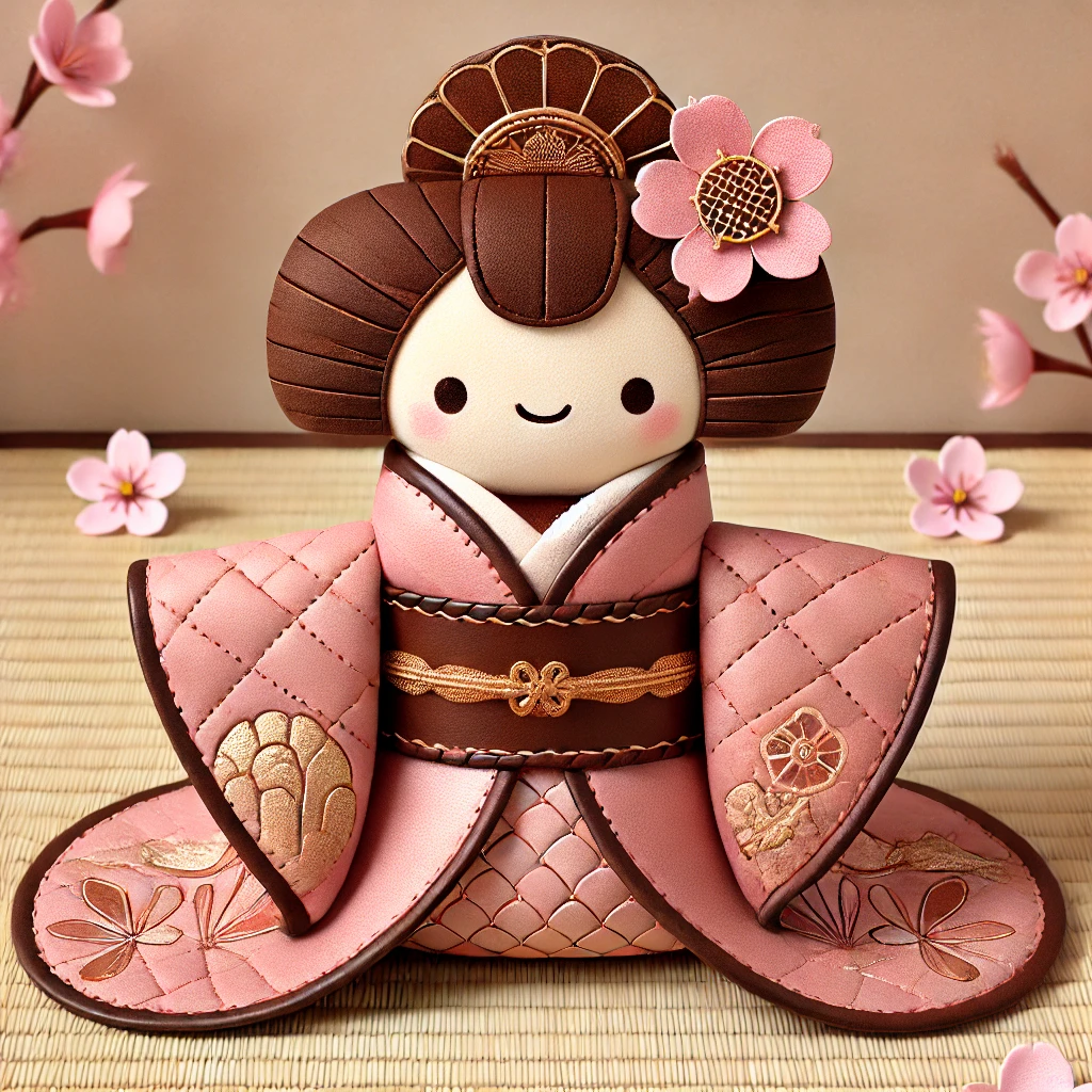 DALLE 2025-03-02 113047 - A cute illustration of a unique Hina doll made entirely of leather The doll wears an elegant thin pink leather kimono styled after the Heian period | WR Leather Craft