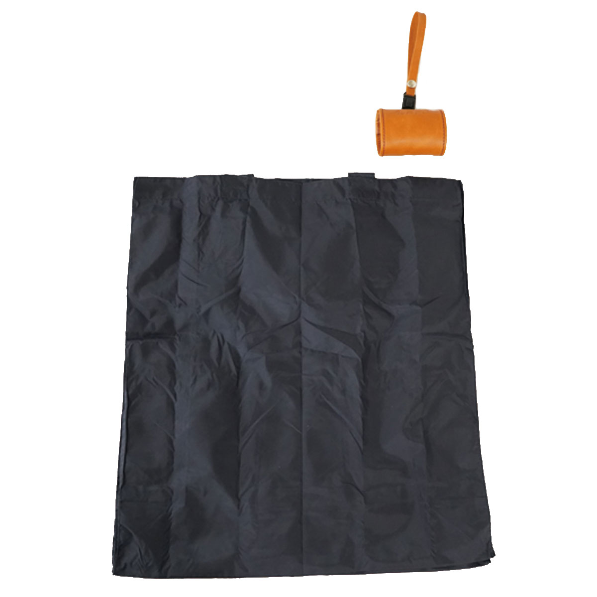 Black folded fabric sheet (ground cover or bag) with an orange leather tool roll positioned above it on a white background.