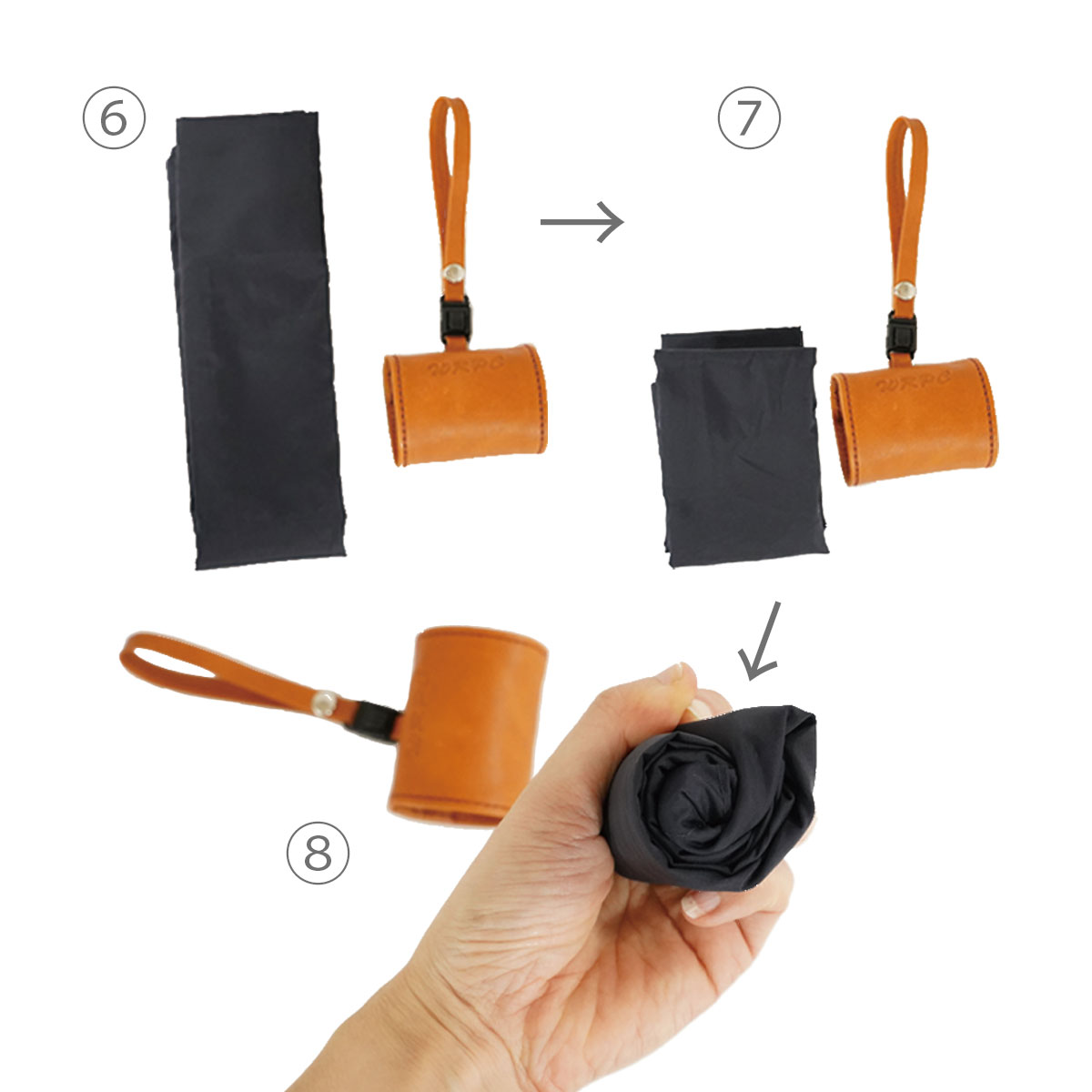 Step 6–8 showing how to use an orange leather wrist strap and pouch to roll and store a black fabric item.