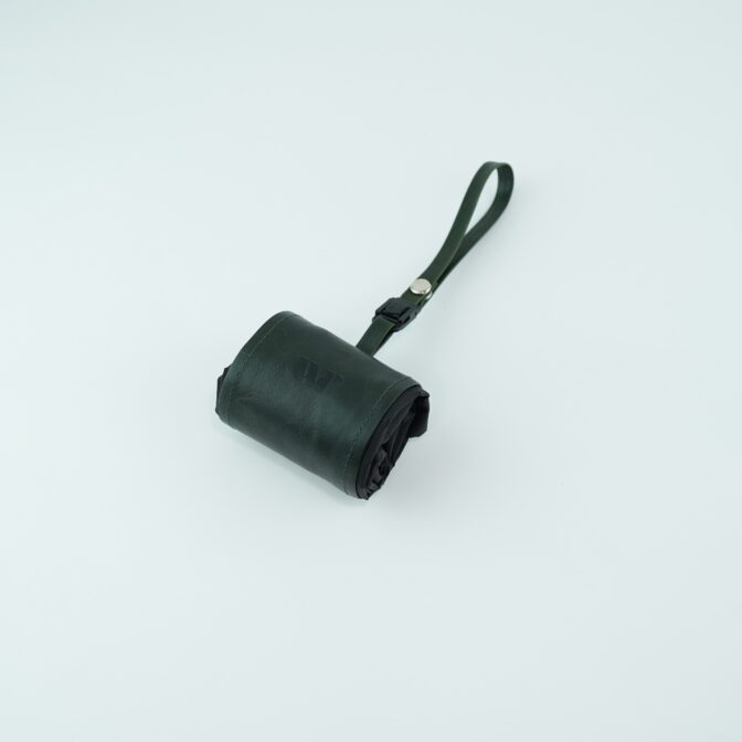Small black leather roll-up pouch with a green strap on a pale blue background.