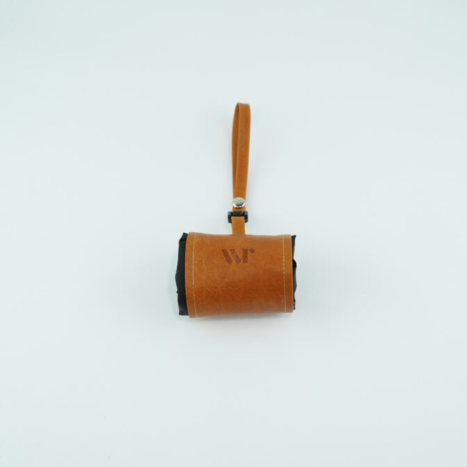 Small brown leather mini bag with a vertical strap, isolated on a light background (front view).