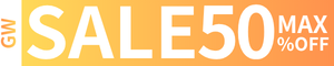 Promotional banner advertising up to 50% off sale, with bold white text on a yellow background and a vertical orange 'GW' element on the left.