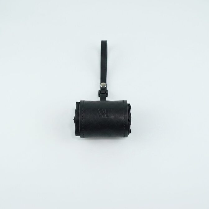 Black leather camera pouch with a vertical strap centered on a pale background?