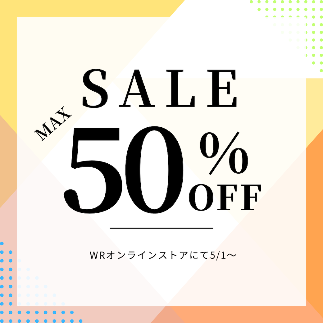 50% off sale banner with bold 'SALE' and large '50%' text, pastel geometric background. Japanese line at bottom reads 'WRオンラインストアにて5/1〜'